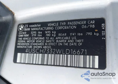 1998 BMW Z3 1.9 z USA, uszkodzony, nr VIN 4USCH7332WLD16671